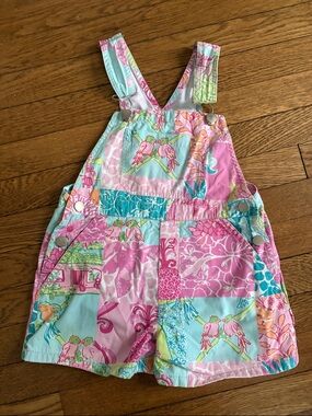 Lilly Pulitzer Pink & Aqua Patchwork Short Overalls